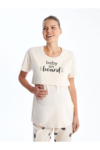 LC Waikiki Pink Crew Neck Printed Maternity Pajama Set