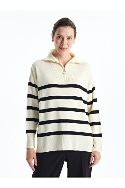 LC Waikiki Ecru Mock Neck Striped Oversized Women's Knitwear Sweater