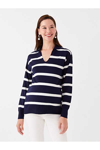 LC Waikiki LCWAIKIKI Maternity Polo Yaka Çizgili Uzun Kollu Hamile Triko Kazak