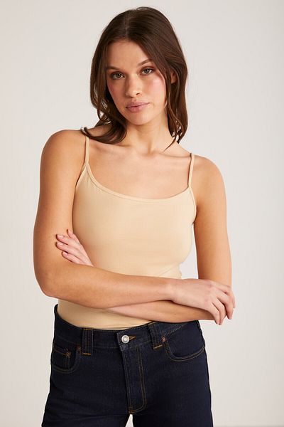 ETHIQUET Khloe Women's Slim Fit Slim Fit Cotton Thin Strap Square Collar Zero Sleeve Basic Beige Tank Top