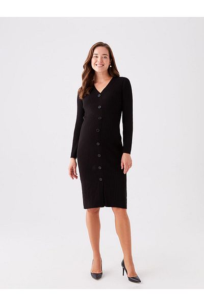 LC Waikiki V-Neck Straight Long Sleeve Maternity Knitwear Dress