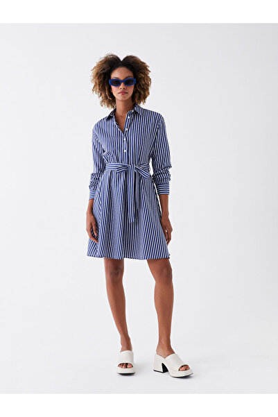 LC Waikiki Navy Blue Striped Long Sleeve Poplin Women's Shirt Dress