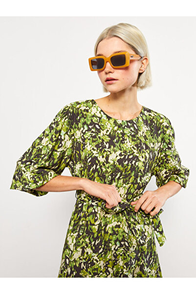 LC Waikiki Green Crew Neck Patterned Long Sleeve Women's Shirt Dress