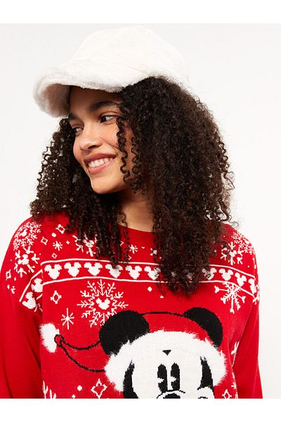 LC Waikiki Dámsky úpletový sveter s dlhým rukávom Mickey Mouse s potlačou Crew Neck