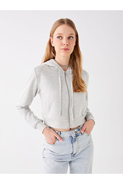 LC Waikiki Gray Hooded Plain Crop Women's Thick Zippered Sweatshirt