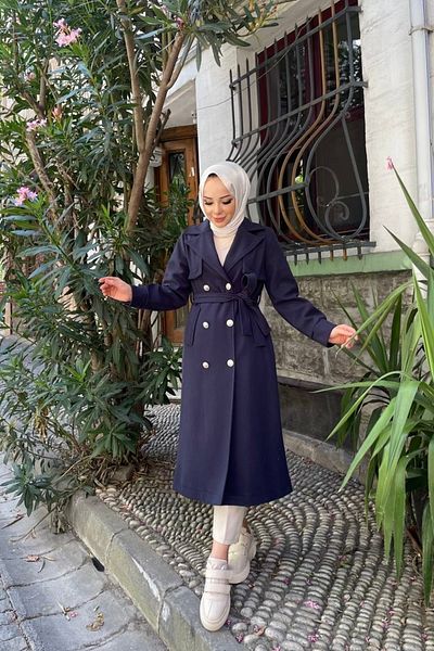 Nevayla Moda Γυναικείο παλτό με διπλό στήθος Fleece Cashmere / M0108 - Navy Blue