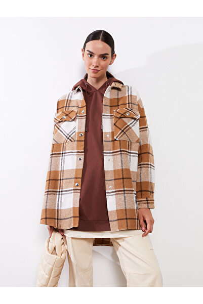 LC Waikiki Brown Plaid Long Sleeve Flannel Women's Lumberjack Shirt Jacket