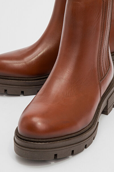 Dericlub Γυναικείες μπότες με χοντρή σόλα με εύκαμπτο λουράκι με φερμουάρ - Real Leather BR 66302 Tan