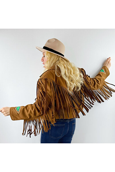 Modaonna Nakış detaylı kahverengi süet püsküllü ceket