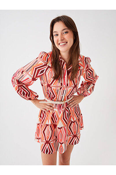 LC Waikiki LCW Vision Damen-Hemdkleid aus Satin mit rotem Muster und langen Ärmeln