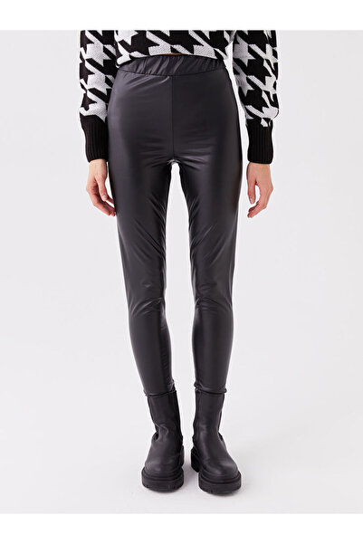 LC Waikiki Black Elastic Waist Leather Look Women's Leggings