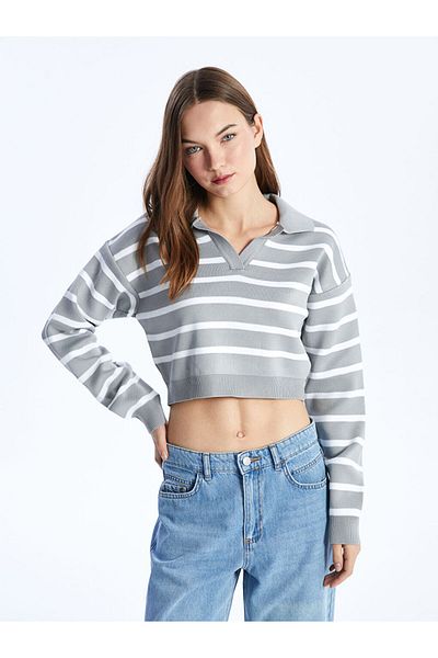 LC Waikiki Crew Neck Striped Girl's Crop Knitwear Sweater