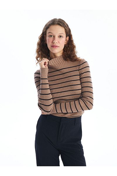 LC Waikiki Half Turtleneck Striped Long Sleeve Women's Knitwear Sweater