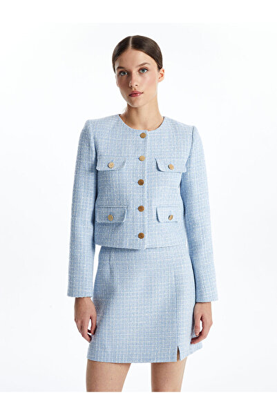 LC Waikiki Mavi Bisiklet Yaka Ekose Kadın Tüvit Ceket