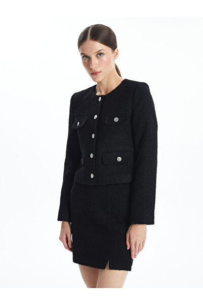 LC Waikiki Black Crew Neck Plaid Women's Tweed Jacket