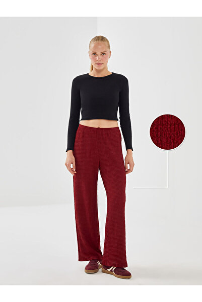 LC Waikiki Burgundy Women's Textured Trousers with Elastic Waist