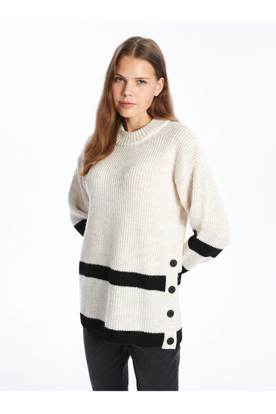LC Waikiki LCW Comfort – Ecru gestreifte Damen-Strick-Tunika mit Rundhalsausschnitt