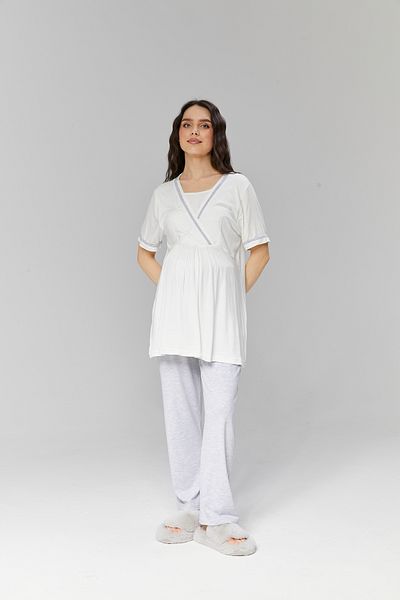 Pelin Women's Double Breasted Gray Cotton Maternity Dressing Gown 3-Piece Maternity Pajamas Set