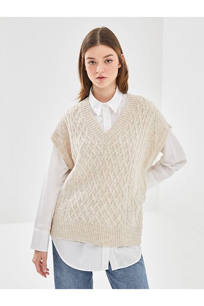 LC Waikiki Übergroßer, gemusterter Damen-Strickpullover mit V-Ausschnitt