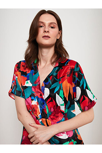 LC Waikiki Shirt Collar Patterned Short Sleeve Satin Women's Dress