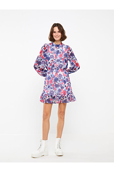 LC Waikiki Gemustertes, langärmliges Chiffon-Damenkleid – Stehkragen