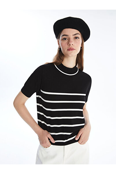 LC Waikiki Beige Mock Neck Striped Short Sleeve Women's Knitwear Sweater