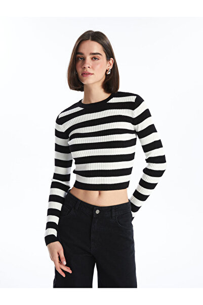 LC Waikiki Ecru Crew Neck Striped Long Sleeve Crop Women's Knitwear Sweater