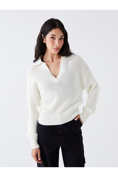 LC Waikiki Langärmliger Strickpullover für Damen mit Polokragen und selbstgemustertem Muster