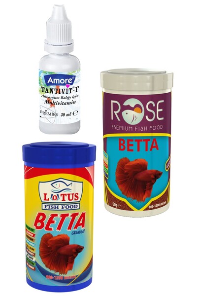 Lotus Betta Granulat 100ML, Rose 100ML Beta Balığı Yemi, Multivitamin 30CC