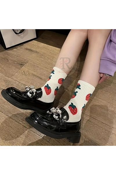 trampler 5 Pairs Women's Ecru Color Strawberry Pattern Socks Women's College Socks