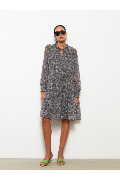 LC Waikiki Pink Tie-Neck Floral Long Sleeve Maternity Dress