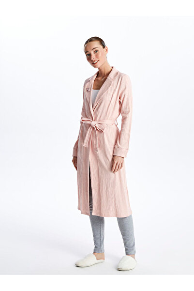 LC Waikiki Pink Shawl Collar Embroidered Long Sleeve Women's Dressing Gown