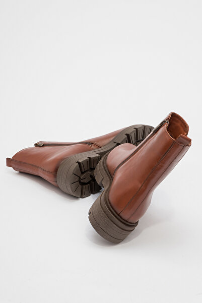 Dericlub Γυναικείες μπότες με χοντρή σόλα με εύκαμπτο λουράκι με φερμουάρ - Real Leather BR 66302 Tan