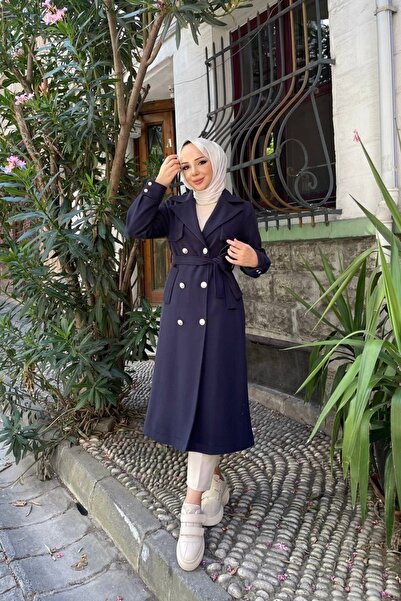 Nevayla Moda Women's Double Breasted Fleece Cashew Coat / M0108 - Navy Blue