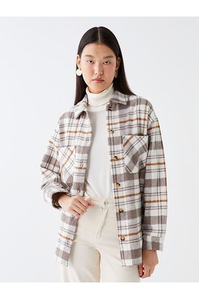 LC Waikiki Lcw Modest kockás hosszú ujjú, túlméretezett női favágó ingkabát