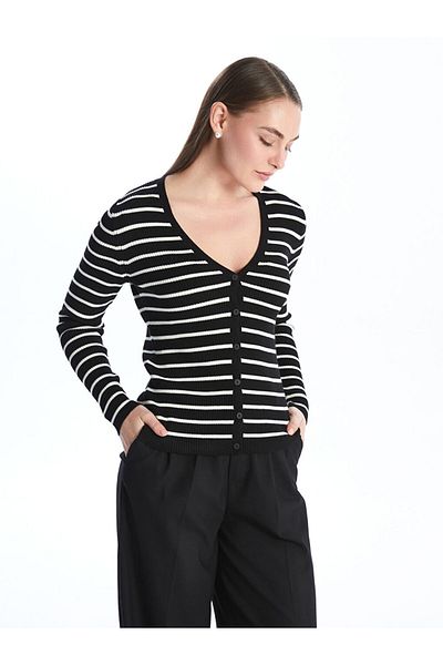 LC Waikiki Cardigan de damă cu mânecă lungă, cu decolteu în V, cu dungi