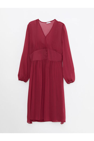 LC Waikiki Burgundy V-Neck Plain Long Sleeve Chiffon Dress