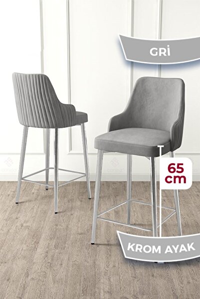 Canisa Tera Serisi 1 Adet Babyface Kumaş 65 cm Krom Kaplama Ayaklı Gri Bar Sandalyesi