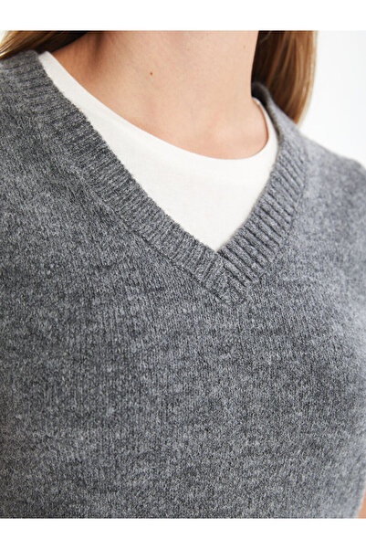 LC Waikiki Gray Women's V-Neck Plain Knit Sweater