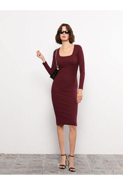 LC Waikiki Kare Yaka Düz Uzun Kollu Kadın Bodycon Elbise