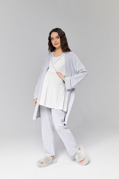 Pelin Women's Double Breasted Gray Cotton Maternity Dressing Gown 3-Piece Maternity Pajamas Set