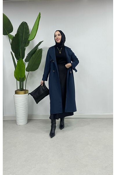 Tesettür Diyarı Turin Fabric Trenc with Back Slit Detail 120cm - Navy Blue