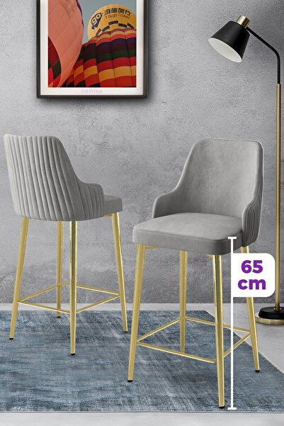 Canisa Tera Serisi 1 Adet Babyface Kumaş 65 cm Gold Kaplama Ayaklı Gri Bar Sandalyesi