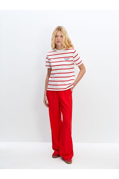LC Waikiki Ecru Striped Oversize Women's T-Shirt - Crew Neck Lcw Vision