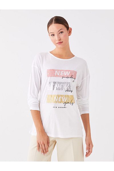 LC Waikiki Tricou de damă cu mânecă lungă și decolteu - imprimat