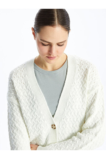 LC Waikiki Ecru V-Neck Self Patterned Long Sleeve Women's Knitwear Cardigan