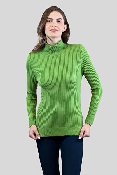 Miss Poem Pulover de damă cu gât țesut cu nervuri de iarnă, verde, tricotaj