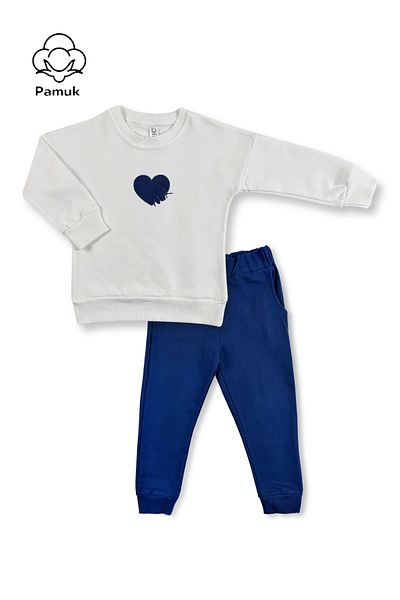difa kids Girl's Ecru Color Seasonal Heart Embroidered Bottom and Top Set