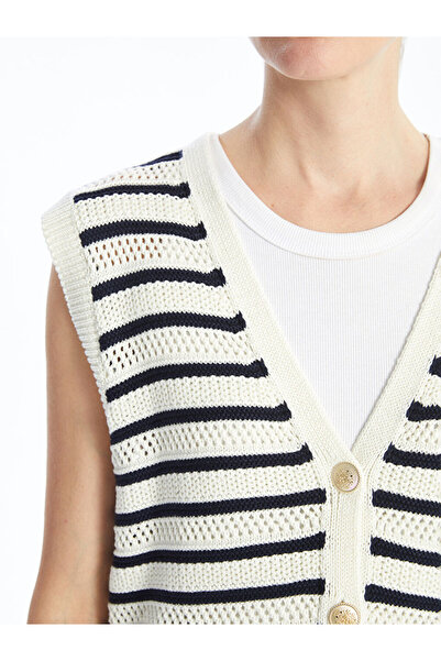 LC Waikiki Ecru V-Neck Striped Women's Knitwear Sweater