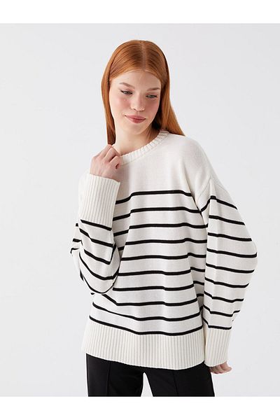 LC Waikiki Gestreifter, langärmliger Damen-Strickpullover mit Rundhalsausschnitt